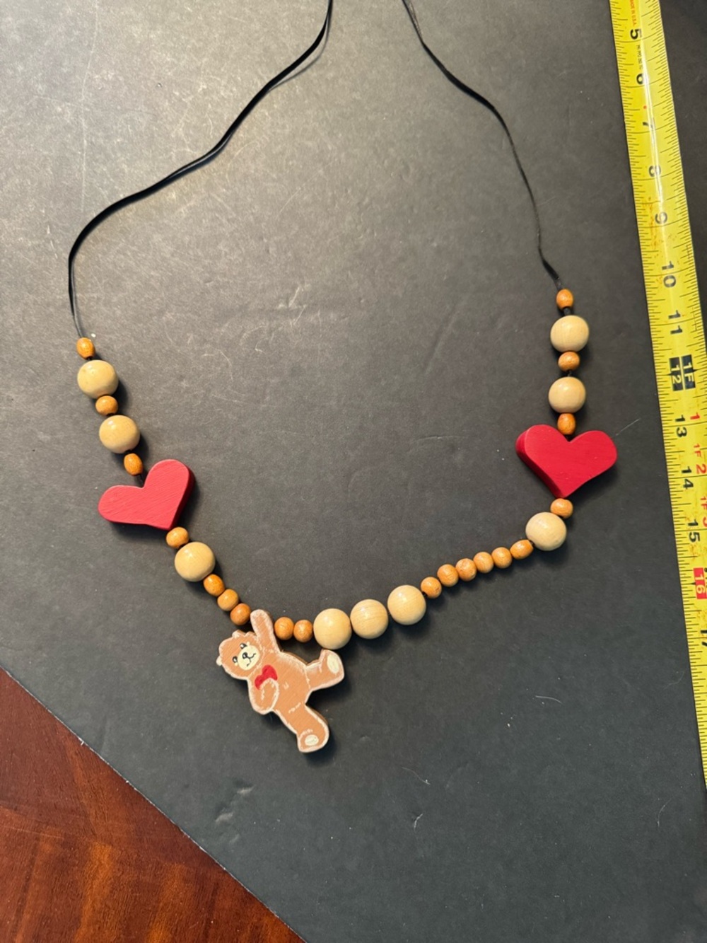Handmade Wooden Bear & Heart Necklace in Red and Natural